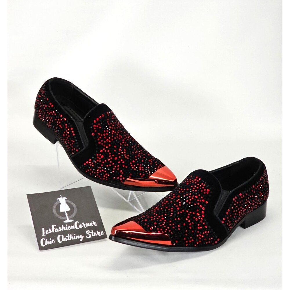 Bolano Men's Red/Black Leather Desta Dress Shoes Rhinestone Loafers Sz 7.5 1802 - Picture 5 of 16